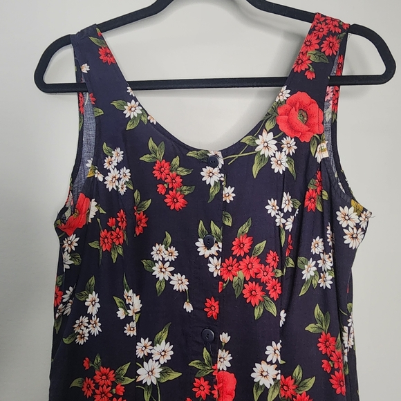 Vintage Floral Sleeveless Dark Navy Button Up Midi Dress - Picture 4 of 7